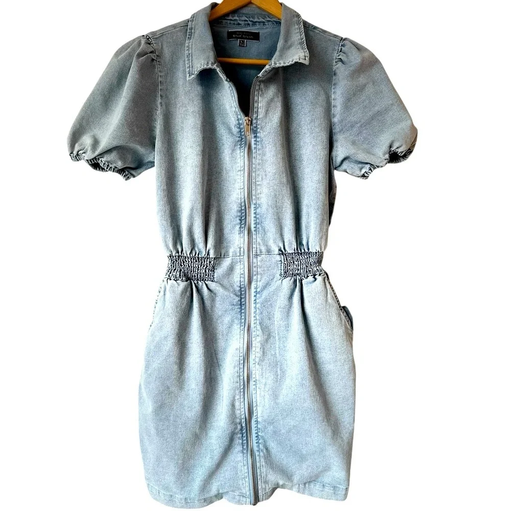 Blue Blush Cotton Blend Faux Denim Balloon Sleeve Dress - Picture 1 of 16